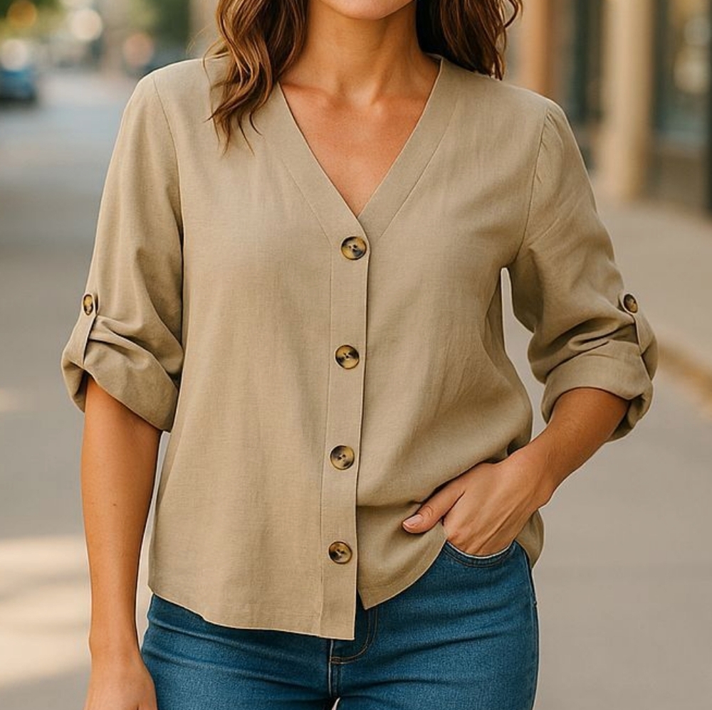 Sainsbury Olive Green V-neck Half Sleeve Blouse Size 10 - Picture 2 of 11